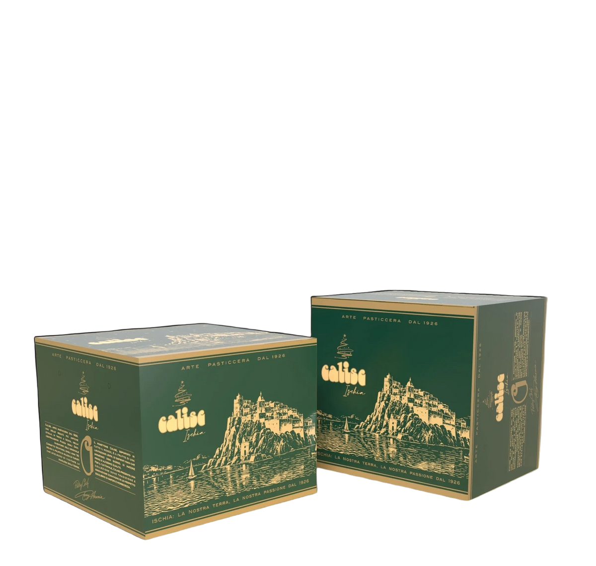 Gli astucci verdi del panettone Calise con il castello di Ischia